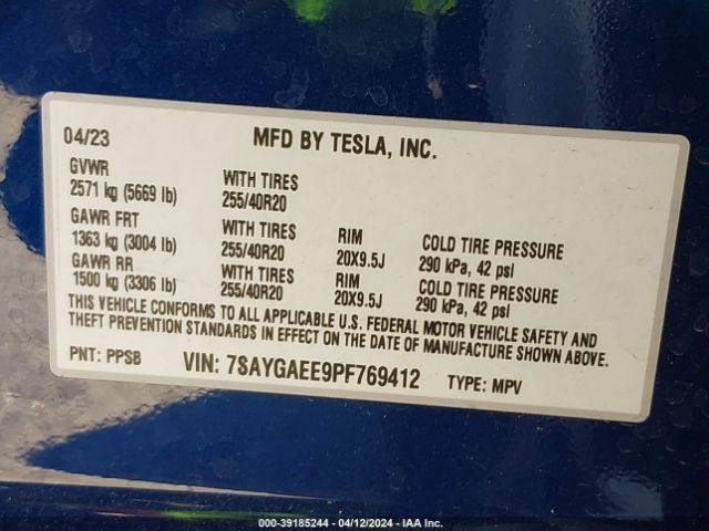 7SAYGAEE9PF769412 Tesla Model Y Awd/long Range Dual Motor All-wheel Drive