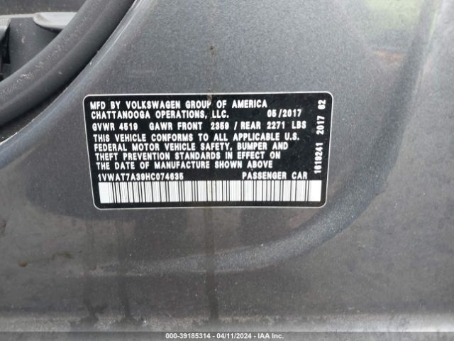 1VWAT7A39HC074635 Volkswagen Passat 1.8t S