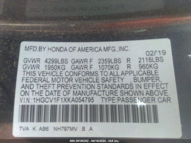 Honda ACCORD LX 2019 1HGCV1F1XKA054795 Image 9