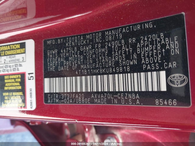 Toyota CAMRY LE 2019 4T1B11HK8KU849818 Image 9
