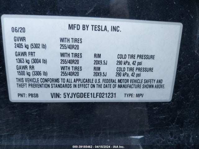 5YJYGDEE1LF021231 Tesla Model Y Long Range Dual Motor All-wheel Drive