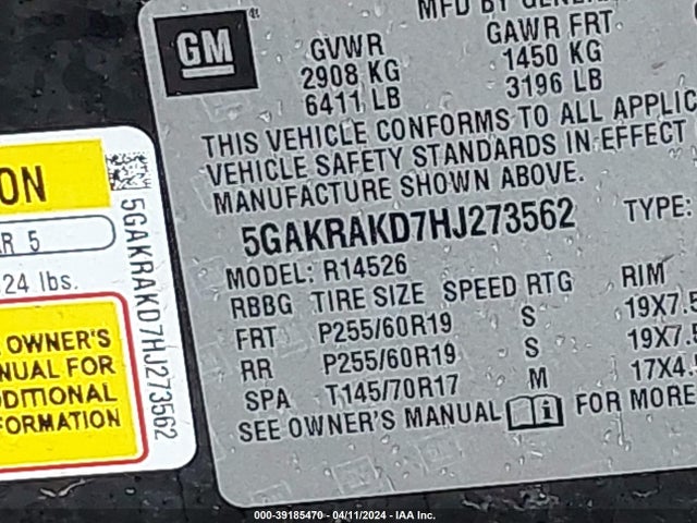 5GAKRAKD7HJ273562 Buick Enclave Convenience