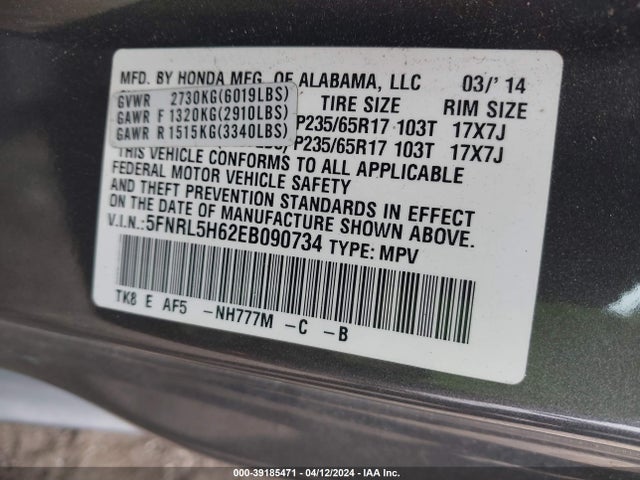 Honda Odyssey Ex-l 2014 5FNRL5H62EB090734 Image 9