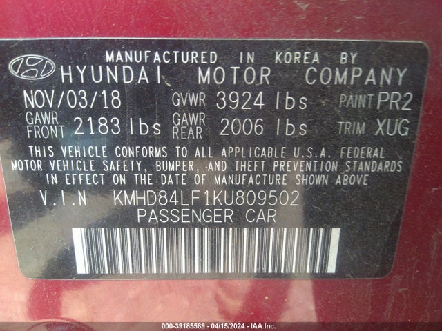 Hyundai ELANTRA SEL 2019 KMHD84LF1KU809502 Image 8