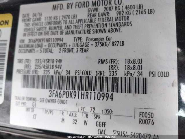 Ford Fusion Titanium 2017 3FA6P0K91HR110994 Image 9