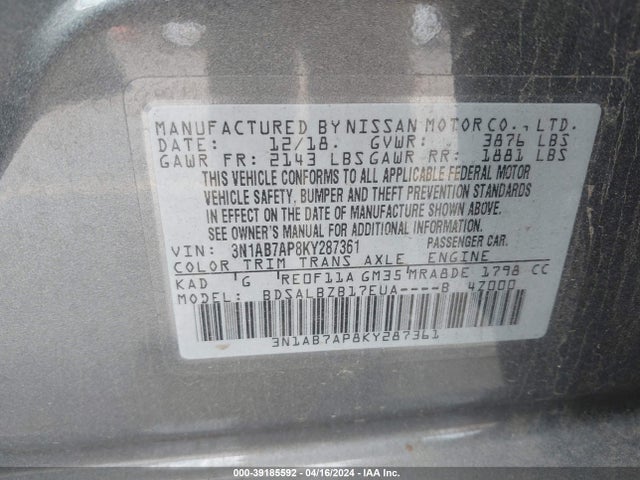 Nissan SENTRA S 2019 3N1AB7AP8KY287361 Image 9