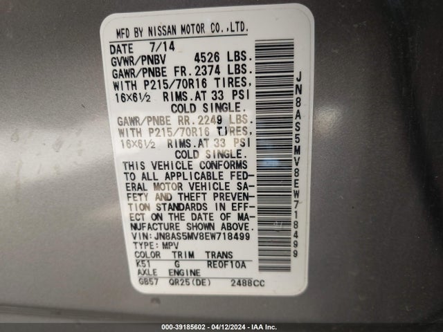 Nissan Rogue Select S 2014 JN8AS5MV8EW718499 Image 9