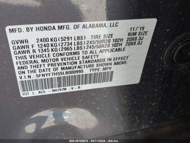 5FNYF7H55LB000995 Honda Passport 2wd Ex-l