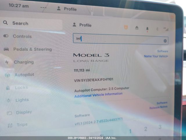 5YJ3E1EAXJF041101 Tesla Model 3 Long Range/mid Range