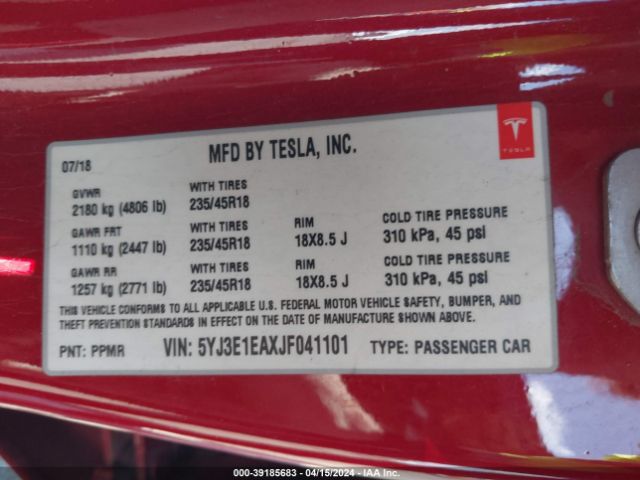 5YJ3E1EAXJF041101 Tesla Model 3 Long Range/mid Range