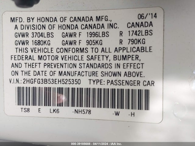 Honda Civic Lx 2014 2HGFG3B53EH525350 Image 9