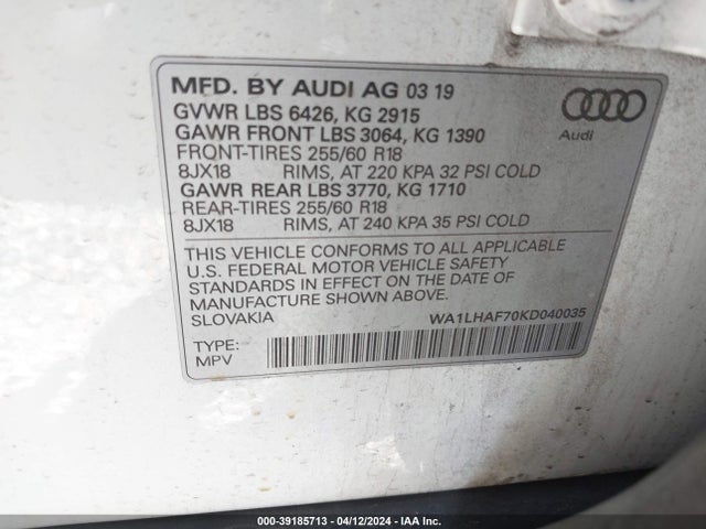WA1LHAF70KD040035 Audi Q7 45 Premium/45 Se Premium
