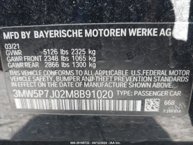 3MW5P7J02M8B91020 BMW 3 Series 330e