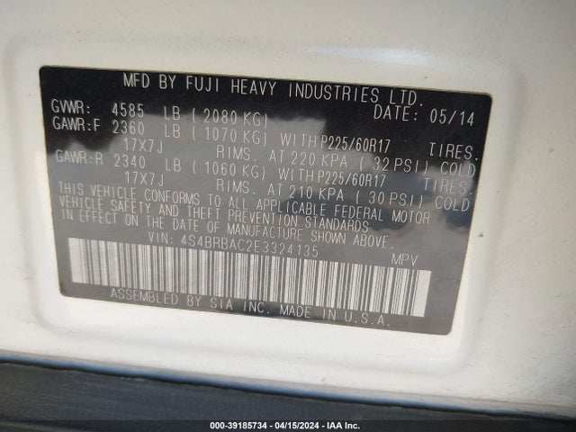 Subaru Outback 2.5i 2014 4S4BRBAC2E3324135 Image 9