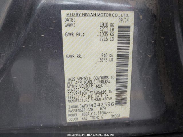 1N4AL3APXFN342596 Nissan Altima 2.5/2.5 S/2.5 Sl/2.5 Sv