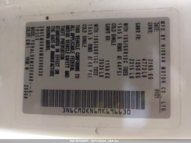 3N6CM0KN6MK696630 Nissan Nv200 Compact Cargo S Xtronic Cvt