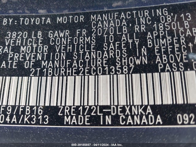 Toyota COROLLA LE 2014 2T1BURHE2EC013587 Image 9