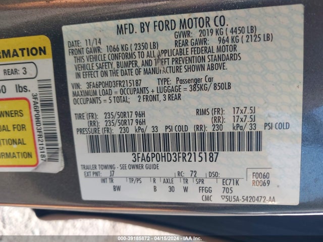 Ford FUSION SE 2015 3FA6P0HD3FR215187 Image 9