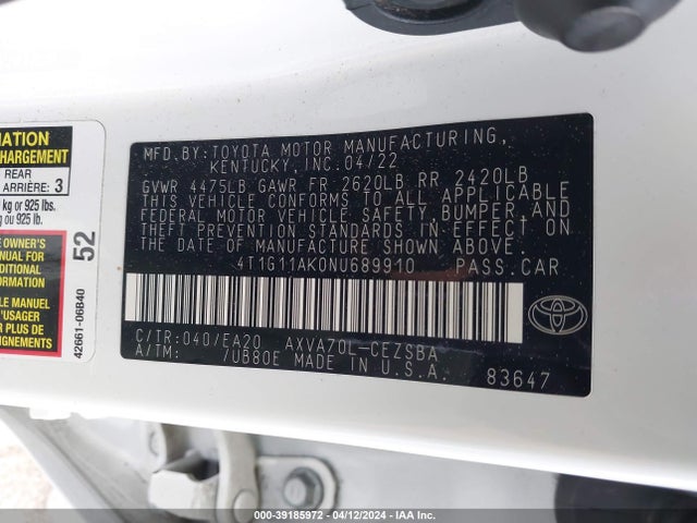 Toyota CAMRY SE 2022 4T1G11AK0NU689910 Image 9