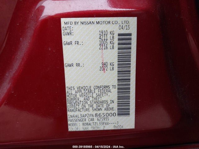 Nissan Altima 2.5 Sl 2015 1N4AL3AP2FN865000 Image 9