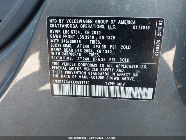 1V2DR2CAXKC533710 Volkswagen Atlas 3.6l V6 Se
