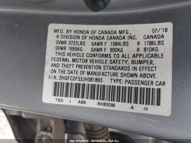 Honda Civic Lx 2018 2HGFC2F53JH581895 Image 9