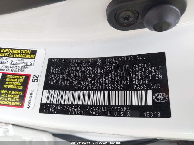 Toyota CAMRY SE 2020 4T1G11AK6LU392282 Image 9