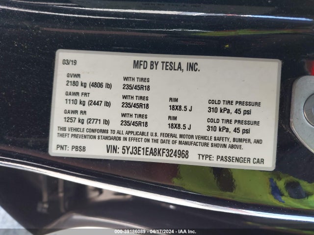 Tesla Model 3 Long Range/mid Range/standard Range/standard Range Plus 2019 5YJ3E1EA8KF324968 Image 9