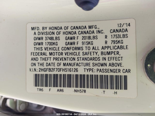 Honda CIVIC SE 2015 2HGFB2F70FH516126 Image 9