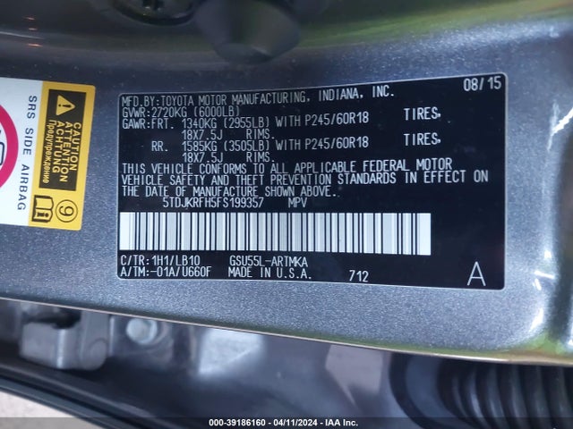 Toyota Highlander Xle V6 2015 5TDJKRFH5FS199357 Image 9