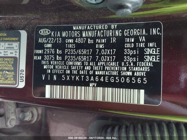 KIA SORENTO LX 2014 5XYKT3A64EG506565 Image 9