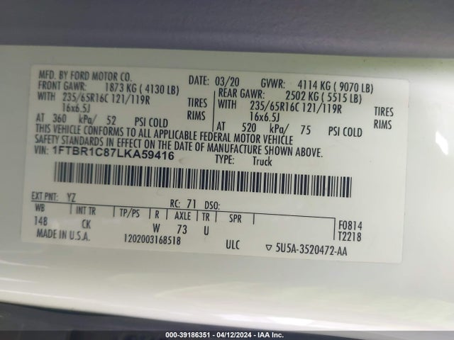 Ford Transit-250 2020 1FTBR1C87LKA59416 Image 9
