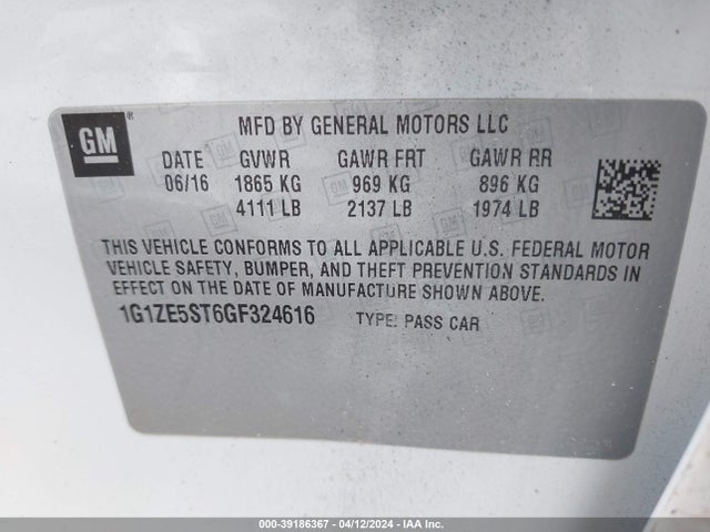 Chevrolet MALIBU 1LT 2016 1G1ZE5ST6GF324616 Image 9