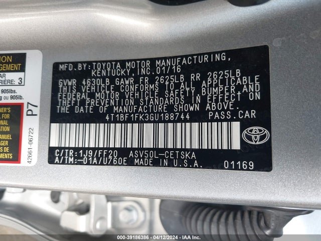 Toyota CAMRY SE 2016 4T1BF1FK3GU188744 Image 9