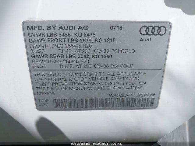WA1CNAFY1J2219356 Audi Q5 2.0t Premium/2.0t Tech Premium