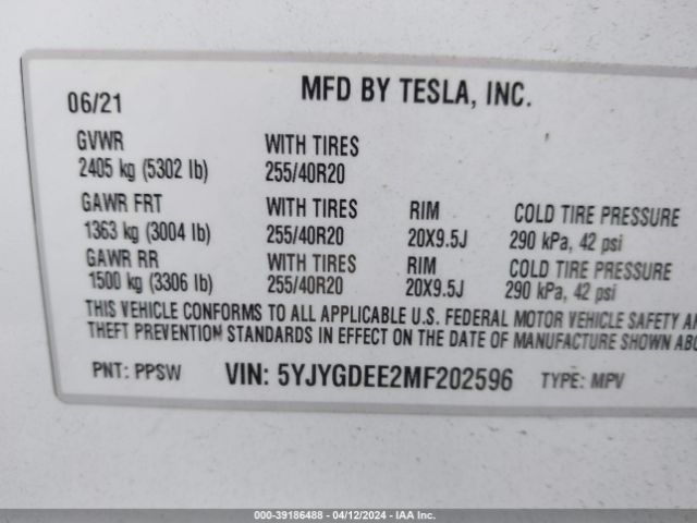 5YJYGDEE2MF202596 Tesla Model Y Long Range Dual Motor All-wheel Drive
