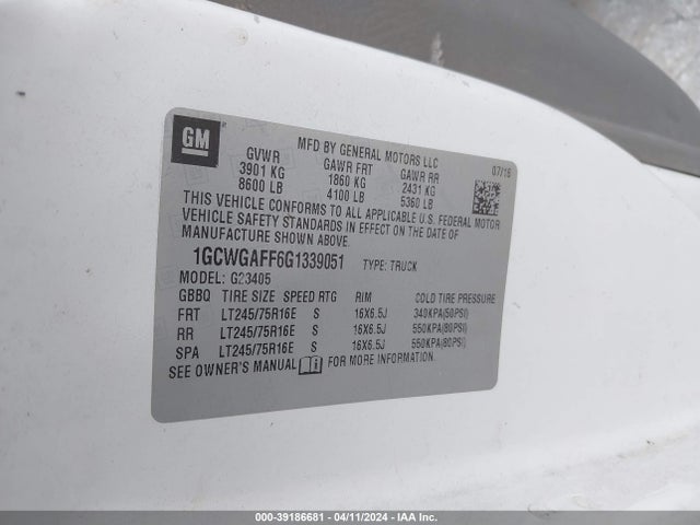 Chevrolet Express 2500 Work Van 2016 1GCWGAFF6G1339051 Image 9
