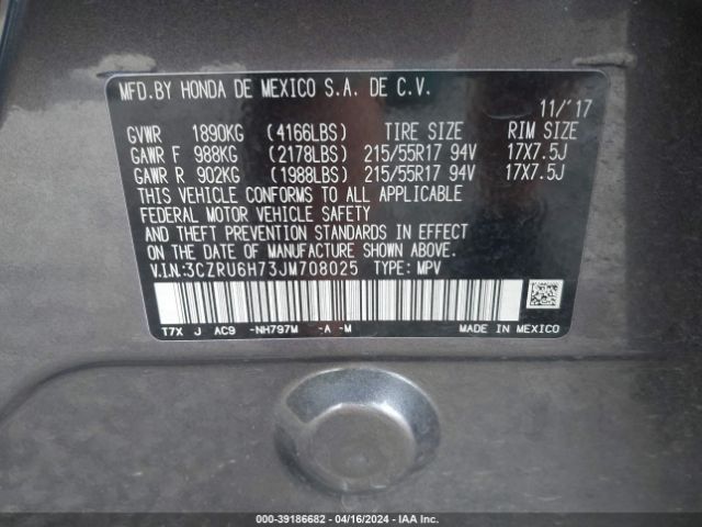 3CZRU6H73JM708025 Honda Hr-v Ex-l