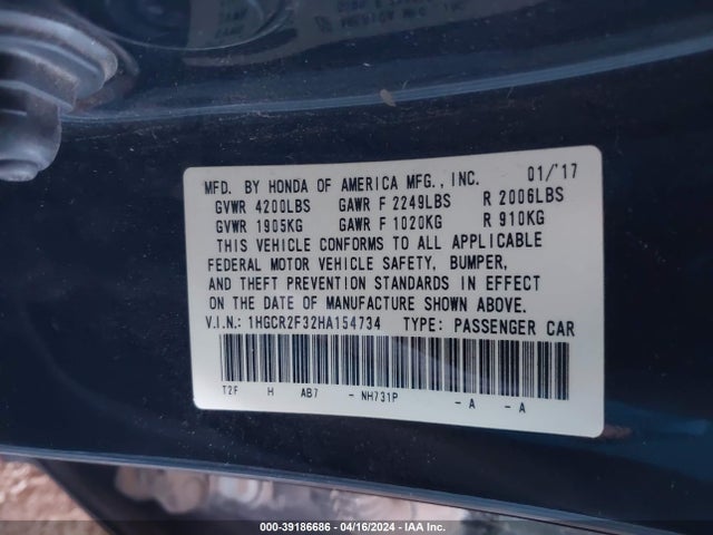 Honda ACCORD LX 2017 1HGCR2F32HA154734 Image 9