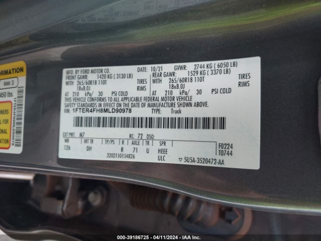 1FTER4FH8MLD90978 Ford Ranger Lariat