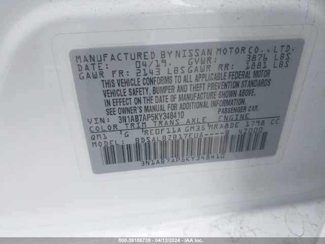 Nissan SENTRA S 2019 3N1AB7AP5KY348410 Image 9