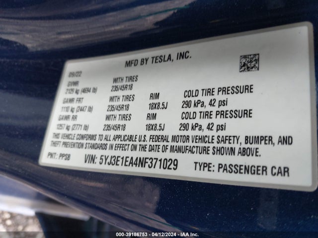 Tesla Model 3 Rear-wheel Drive 2022 5YJ3E1EA4NF371029 Image 9
