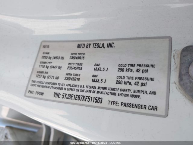 5YJ3E1EB7KF511563 Tesla Model 3 Long Range/performance