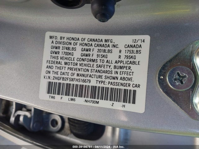 Honda Civic Lx 2015 2HGFB2F5XFH516679 Image 9