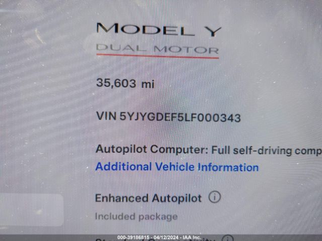 5YJYGDEF5LF000343 Tesla Model Y Long Range Dual Motor All-wheel Drive/performance Dual Motor All-wheel Drive