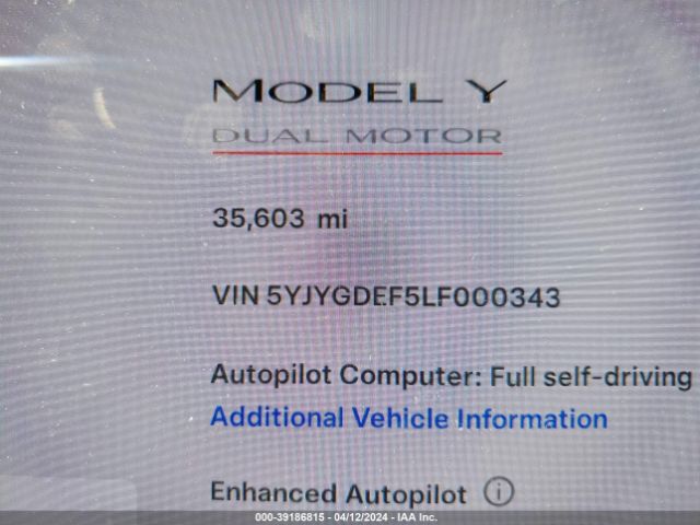 5YJYGDEF5LF000343 Tesla Model Y Long Range Dual Motor All-wheel Drive/performance Dual Motor All-wheel Drive