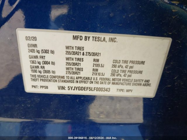 5YJYGDEF5LF000343 Tesla Model Y Long Range Dual Motor All-wheel Drive/performance Dual Motor All-wheel Drive