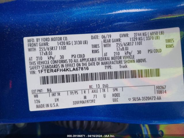 1FTER4FH4KLA67816 Ford Ranger Xlt