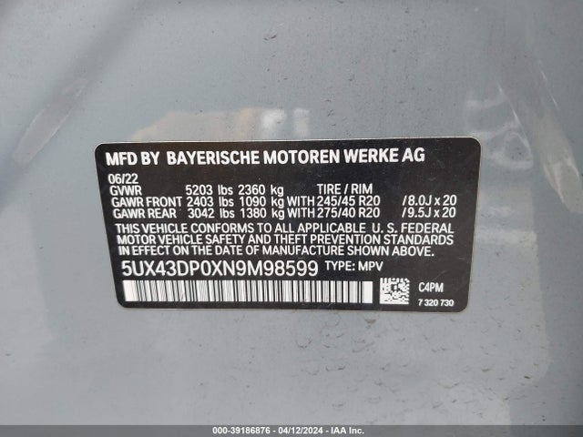 5UX43DP0XN9M98599 BMW X3 Sdrive30i
