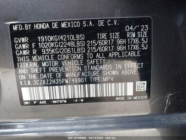 3CZRZ2H35PM748901 Honda Hr-v Awd Lx